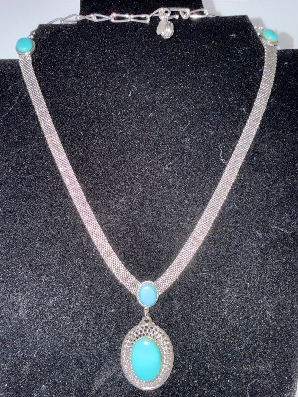 Vintage Park Lane Faux Turquoise and Mesh Silver Tone Necklace